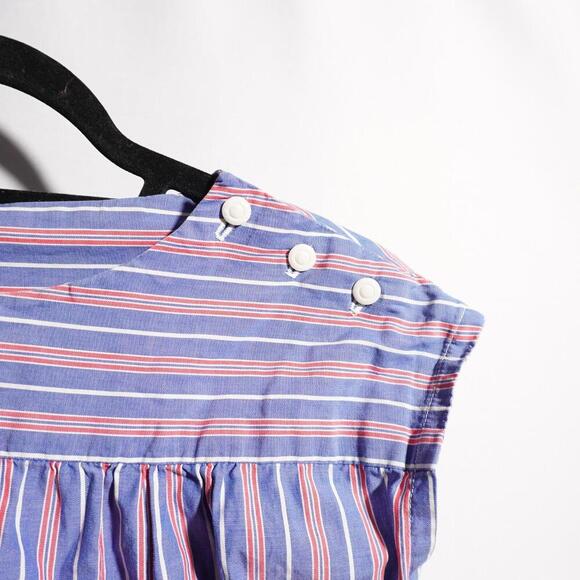 VTG Candy Striped House Dress Sleeveless Preppy‎ Nautical Retro Blue Red L SEE - Picture 1 of 6